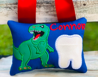 314. T-Rex Tooth Fairy Pillow | Dinosaur  Personalized Birthday Gift| Embroidered  Keepsake | Handmade Tooth Holder