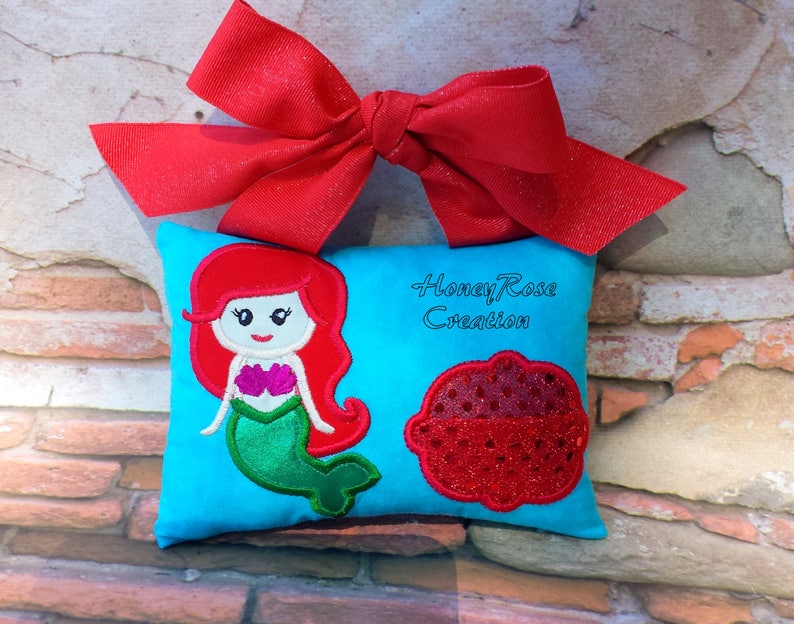 Ariel tooth fairy pillow. Mermoid tooth fairy pillow Embroidered tooth fairy pillow
