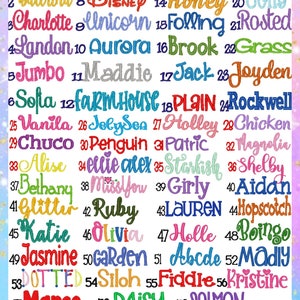 May include: A colorful image featuring a variety of embroidered names and words in different fonts and colors. The words include names like "Olive", "Rachel", and "Katie", as well as words like "Glitter" and "Farmhouse".