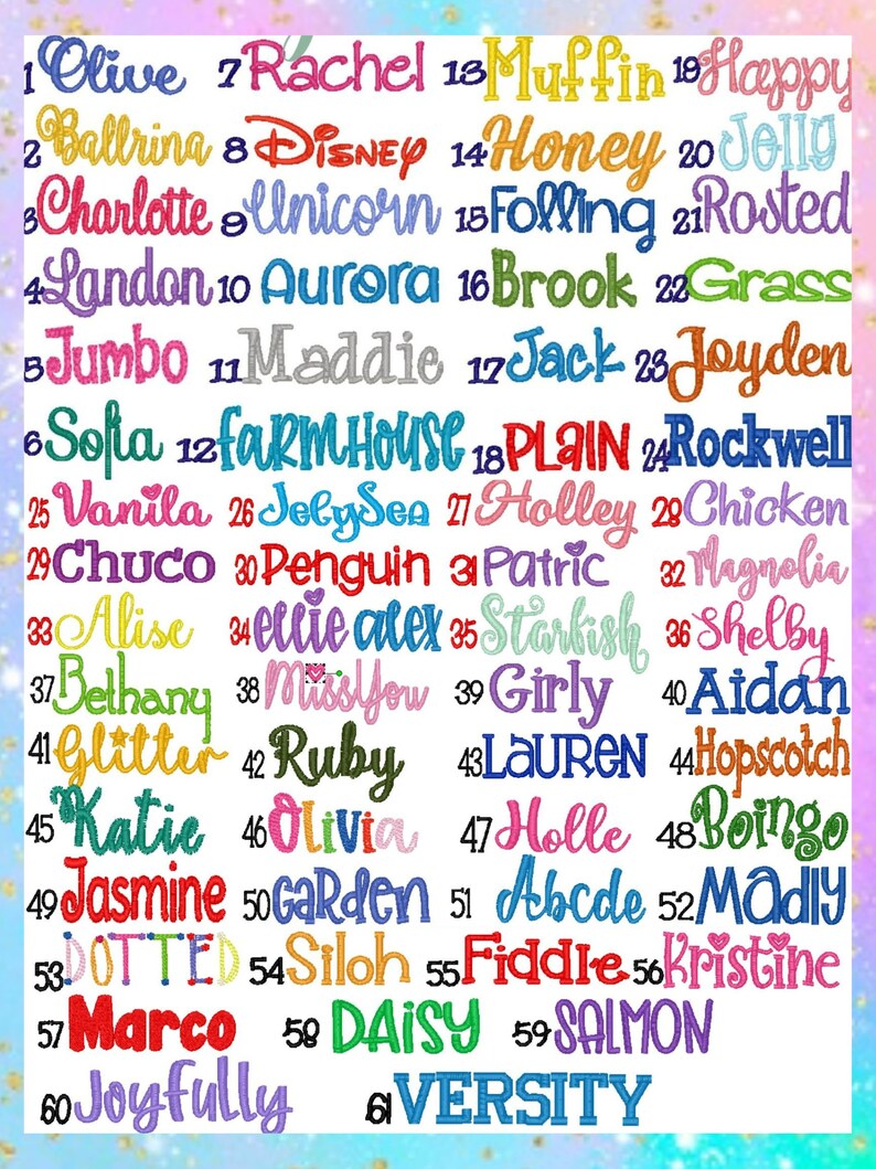 May include: A colorful image featuring a variety of embroidered names and words in different fonts and colors. The words include names like "Olive", "Rachel", and "Katie", as well as words like "Glitter" and "Farmhouse".