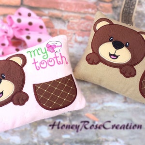 NR.201 Bear Tooth Fairy Pillow, Personalized Pillow, Embroidered Tooth Fairy Bear Pillow