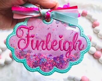 Personalize Fabric Bag Tag, Embroidered Glitter Name Shaker, Name Tag, Back to School, Luggage, Lunch box, Backpack tag.