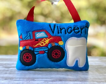 NR.467 Monster Truck Tooth Fairy Pillow | Embroidered Birthday Gift | Personalized Keepsake| size:5x7''