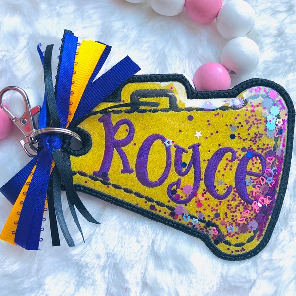 Cheer Megaphone Bag Tag, Fabric Bag Tag, Embroidered Name Tag, Back to School, Luggage, Lunch Box, Backpack tag, Vinyl Bag Tag