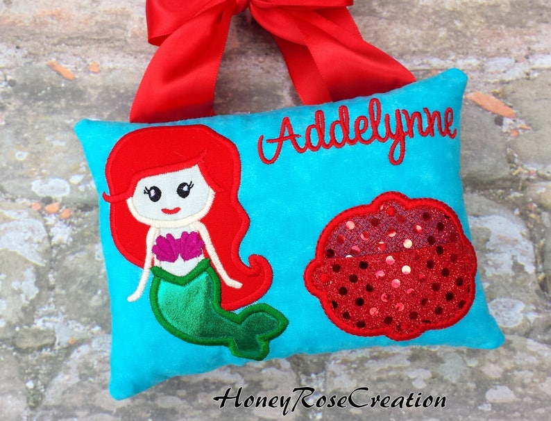 Ariel tooth fairy pillow. Mermoid tooth fairy pillow Embroidered tooth fairy pillow