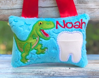 Nr.311 Dinosaur Tooth Fairy Pillow, Embroidered pillow, Personalized Dinosaur Tooth Fairy Pillow, T Rex Tooth Fairy Pillow