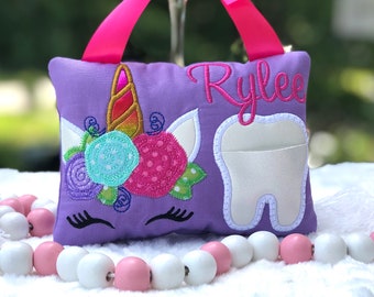 NR.353 Unicorn Tooth Fairy Pillow, Girls tooth pillow, Birthday gift, Baby shower gift, Personalized pillow, Monogrammed gift