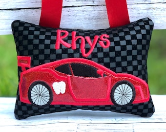 Race Car Tooth Fairy Pillow | Embroidered Birthday Gift | Personalized Keepsake| size:5x7 inch
