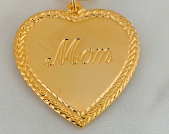 Mom Heart pendant, Mom necklace, Mom love necklace, 1 3/8" lg gold plated heart pendant with a 14k gold filled snake or rope chain