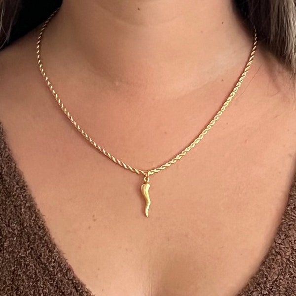 Italian horn necklace, Italian Cornicello, Italian Amulet, pendant necklace, 1" lg 14k gold plated pendant with a 14k gold plated rope chain