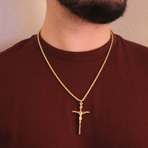 Crucifix, Cross, Jesus Christ, extremely detailed, large 2 1/4” long 14k gold plated crucifix with a matching 14k gold plated rope chain