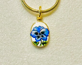enameled pendant, blue pansy flower enameled pendant, small dainty necklace, 3/8” gold plated oval pendant with 14k gold filled snake chain