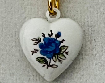 Blue rose pendant, beautiful white enameled rose heart locket, small dainty blue rose flowered locket on a 18k gold filled paperclip chain