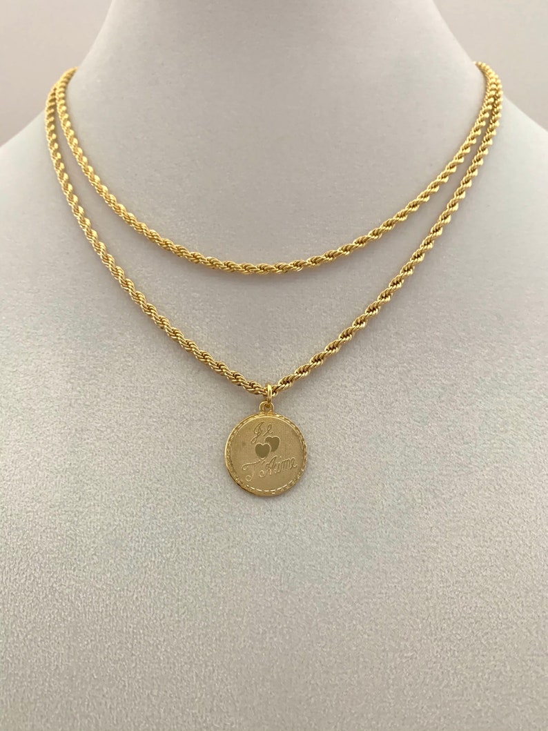 love pendant French I Love You pendant 14k gold plated 34 diameter pendant with a 14k gold plated rope chain Je T/'Aime pendant