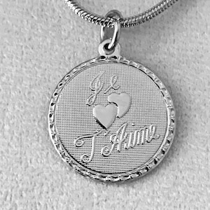 French Je t&#39;aime pendant, french I love you pendant, love pendant, 3/4&quot; silver rhodium plated pendant with a rhodium plated snake chain