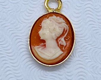 Vintage cameo pendant necklace, unique layering necklace, small dainty 3/8” long gold plated pendant with a 14k gold filled snake chain