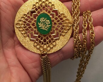 70s Vintage gold tone gothic design green cloisonne ware