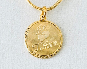 Je T'Aime" pendant, French I Love You pendant, love pendant, 14k gold plated 3/4" diameter pendant with a 14k gold plated snake chain