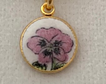 enameled pendant, pink pansy flower pendant, small dainty necklace, vintage 3/8” gold plated pendant with 14k gold plated snake chain