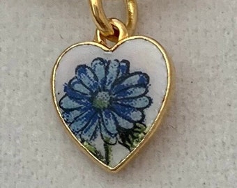 enameled pendant, blue daisy flower pendant , small dainty necklace, vintage 3/8” gold plated pendant with 14k gold plated snake chain