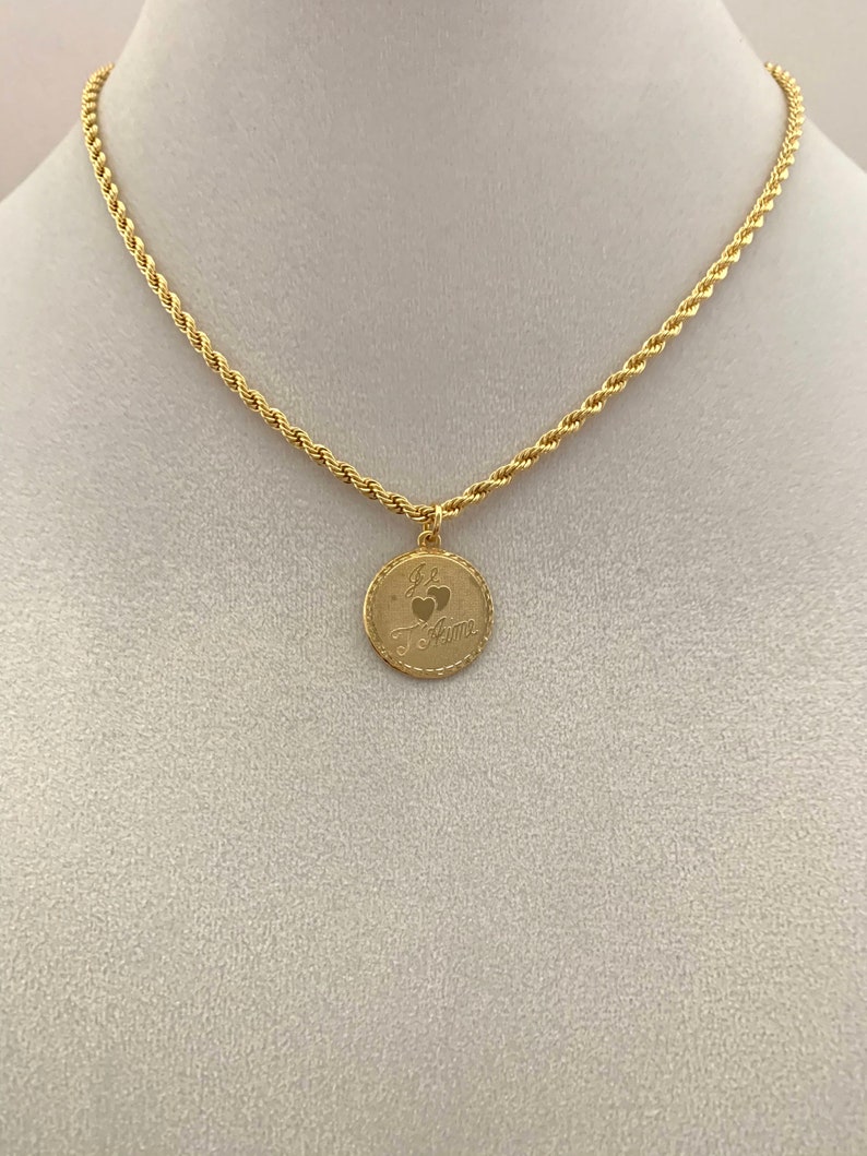 love pendant French I Love You pendant 14k gold plated 34 diameter pendant with a 14k gold plated rope chain Je T/'Aime pendant