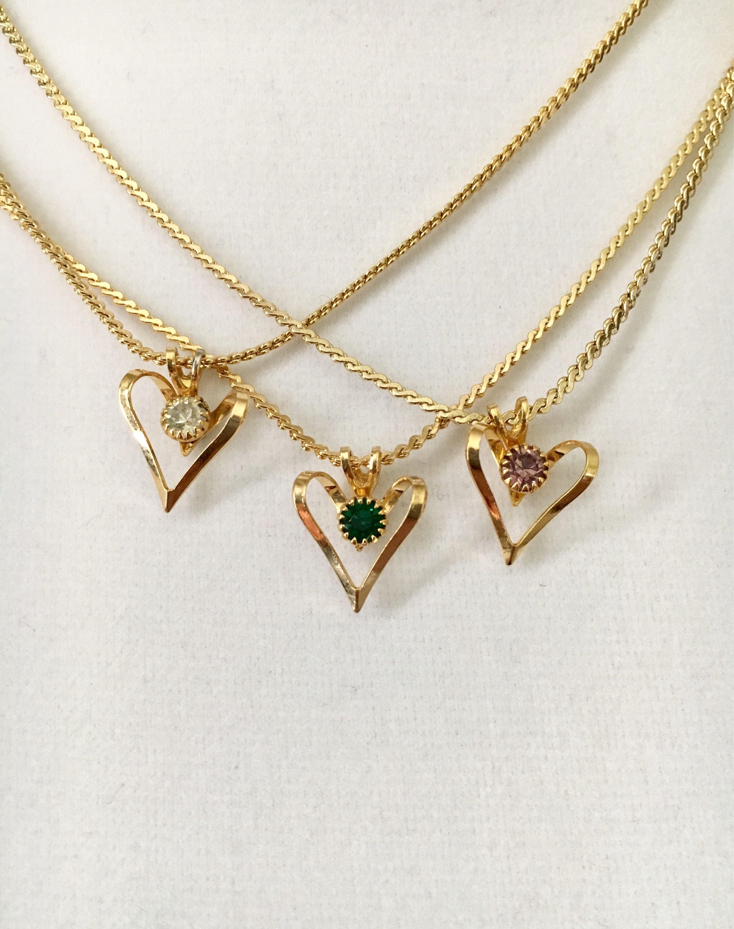 Vintage Birthstone Heart Necklace Half Inch Gold Overlay | Etsy