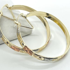 Bangle hoop earring, three tone hoop earrings, 18k gold filled bangle hoop earrings, 6mm (1/4”) wide and available in sizes 1 1/4” to 3”
