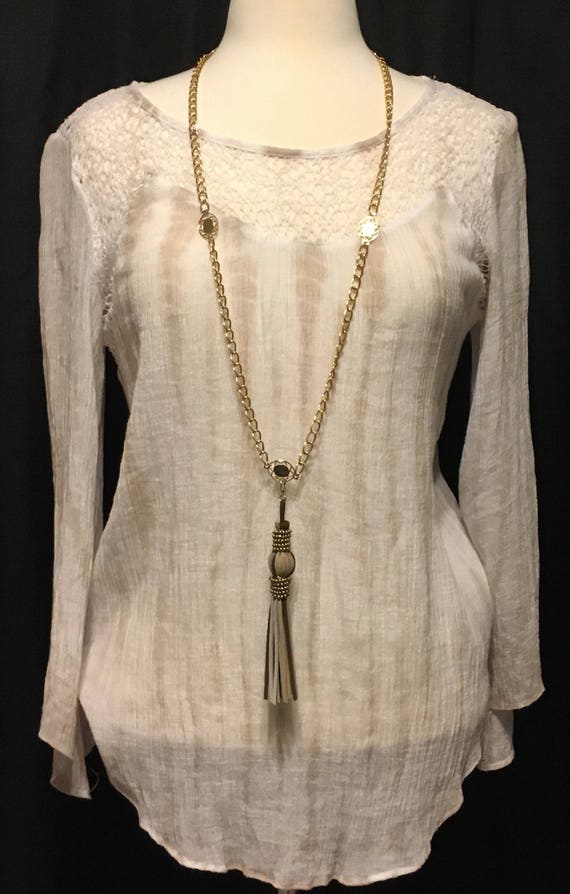 gold chain and leather tassel, 40" long gold overl