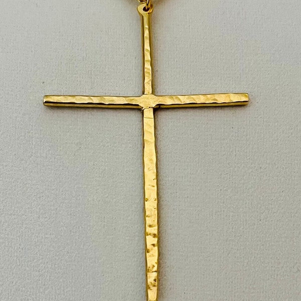 Skinny cross, Modernist Cross, retro cross, vintage inspired piece, large three inch long hammered 14k gold plated cross