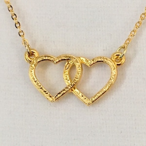 gold heart necklace, double heart pendant, one inch wide double heart gold plated pendant with an 18" gold overlay link chain