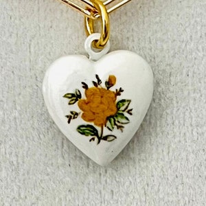 Yellow rose pendant, beautiful white enameled rose heart locket, small dainty yellow rose flowered locket on 18k gold filled paperclip chain