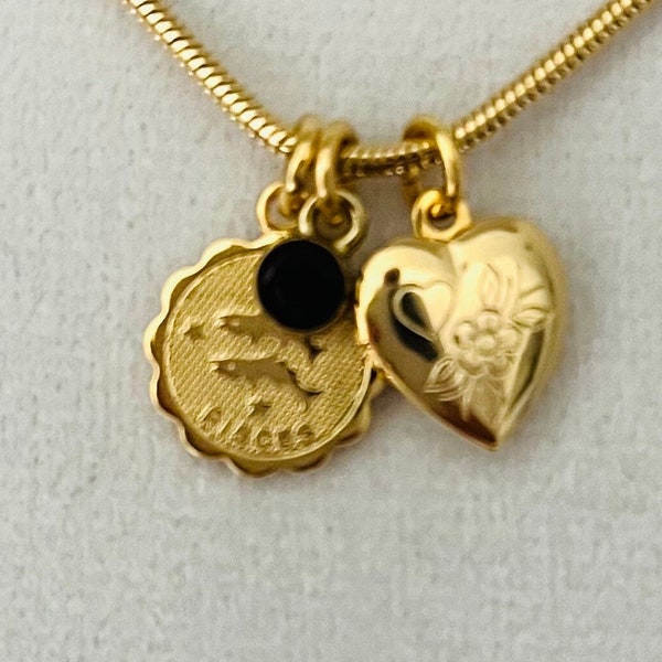 Locket, heart locket, zodiac pendant, birthstone pendant, small dainty 3 piece  locket and pendant set with a gold plated snake chain