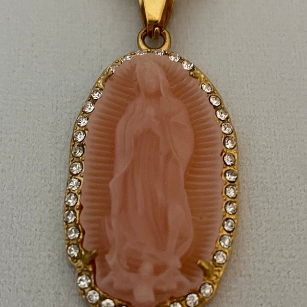 Our Lady of Guadalupe jade pendant, large jade stainless steel pendant available in four colors and comes with a French rope chain