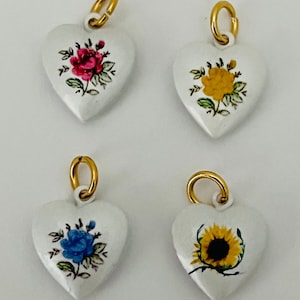 Enameled rose heart locket, small dainty rose flowered or sunflower locket pendant with a 14k gold plated snake chain