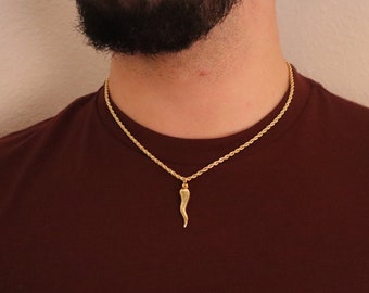 Italian Horn necklace, Italian Cornicello, Italian Amulet, pendant, 1 1/4” (32mm) long gold plated horn with a 14k gold plated rope chain