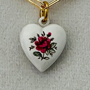 Pink rose locket, white enameled rose heart locket, small dainty pink rose flowered locket on a 18k gold filled paperclip chain