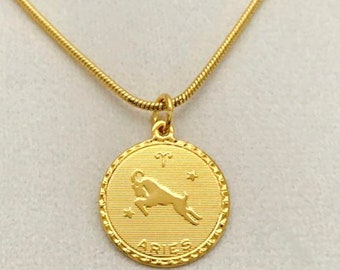 Zodiac pendant, zodiac necklace, 14k gold plated 3/4" pendant with a 14k plated snake chain. All 12 zodiac signs are available
