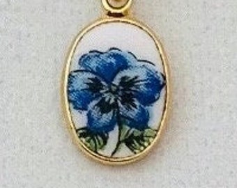 enameled pendant, blue pansy flower enameled pendant, small dainty necklace, 3/8” gold plated oval pendant with 14k gold filled snake chain