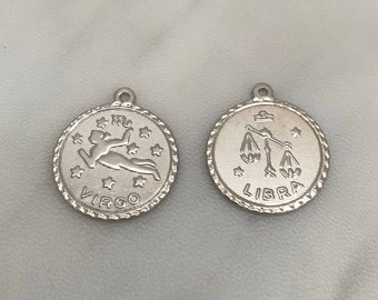 Zodiac pendant, zodiac necklace,  new 3/4" silver rhodium plated pendant with a 14k plated snake chain. All 12 zodiac signs are available.