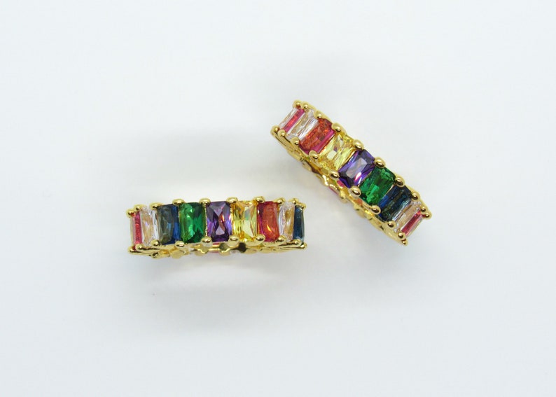 Gold Eternity Ring Colorful Baguette Cut CZ Stone Rainbow Band Ring