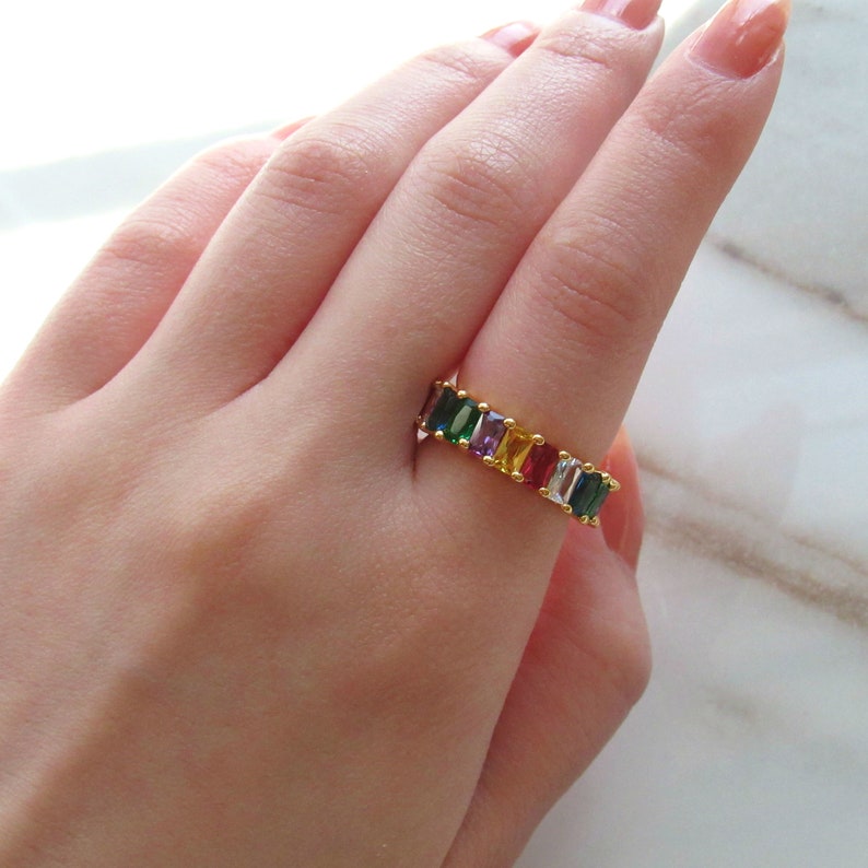 Gold Eternity Ring Colorful Baguette Cut CZ Stone Rainbow Band Ring