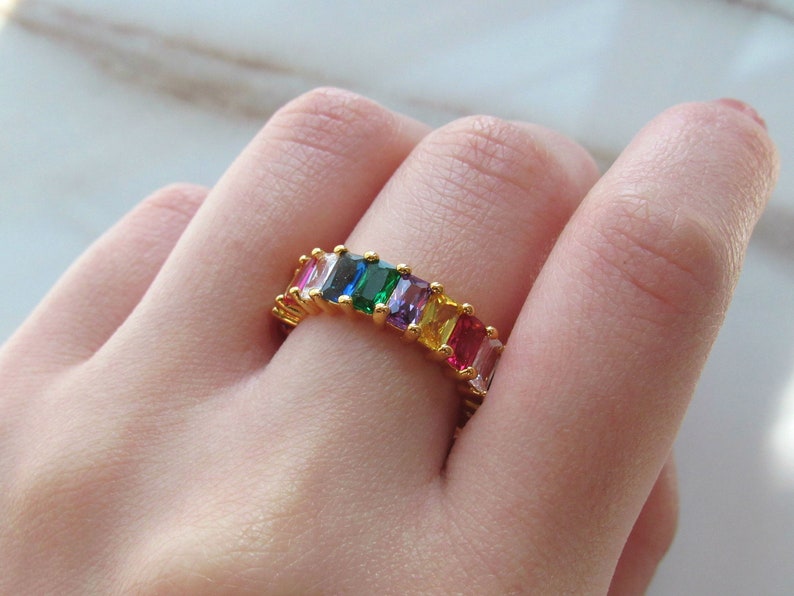 Gold Eternity Ring Colorful Baguette Cut CZ Stone Rainbow Band Ring
