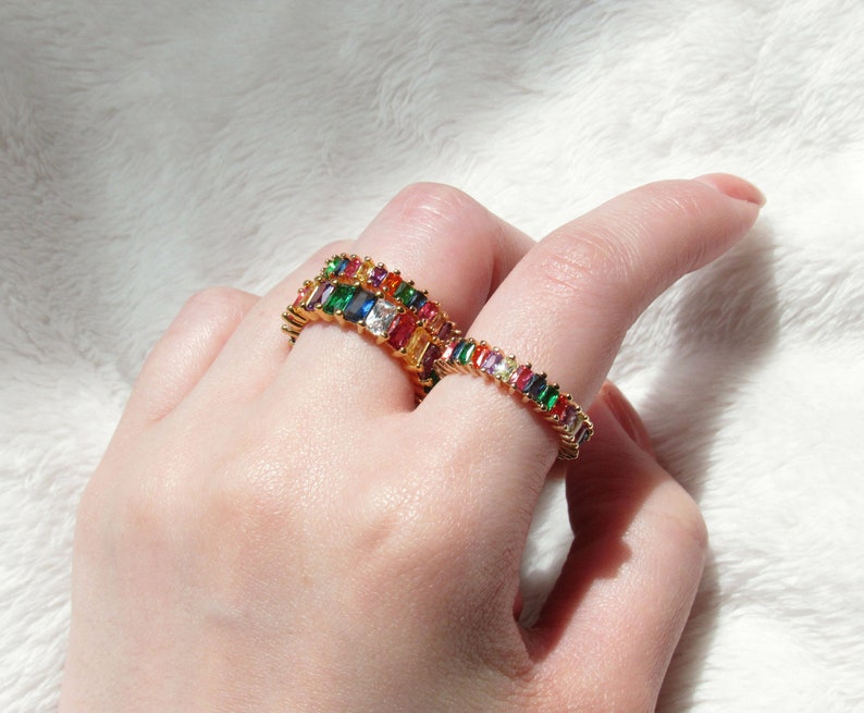 Gold Eternity Ring Colorful Baguette Cut CZ Stone Rainbow Band Ring