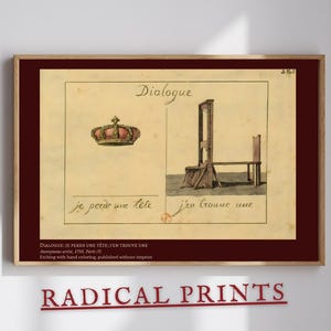 Dialogue: French Revolution Guillotine Print – 1793 Political Satire Wall Art – Crown and Blade Etching – Digital Download Poster