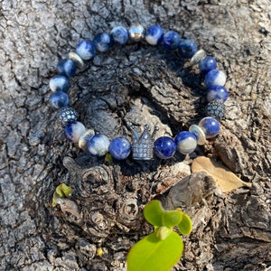 Blue Spot Jasper CROWN Bracelet, Micro pave cubic zirconia crown, unisex