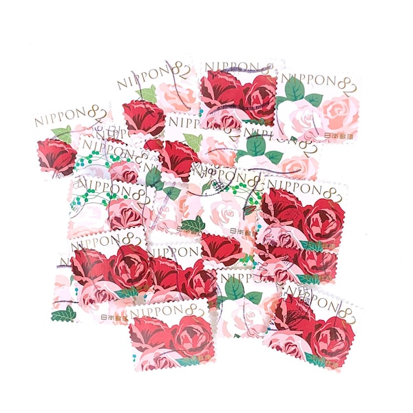 20 x Pink and Red Rose used postage stamps from Japan - off paper - Roses Japanese - for crafts, collecting, decoupage, journal, mail art