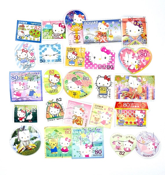 10 x Hello Kitty used, Japanese postage stamps all off paper - Japan - Cats  - Hearts - for card making, invites, scrapbooking, crafts