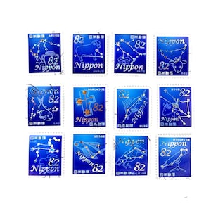 12 x Zodíaco japonés y constelaciones sellos postales usados - fuera de papel - Astrology Stars - Japón - para la elaboración, fabricación de tarjetas, coleccionismo