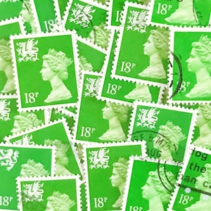 Bright Green, gebruikt, Britse, 18p machin postzegels allemaal uit papier voor decoupage, postzegel kunst, scrapbooking en crafting
