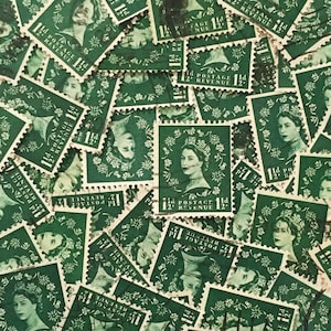 May include: A collection of vintage green postage stamps featuring a portrait of a woman with the text "1d POSTAGE 12 REVENUE" repeated on each stamp.